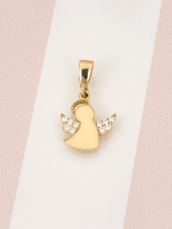 Złota zawieszka 585 aniołek z cyrkoniami - widok z przodu