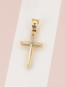 Złoty krzyżyk 585 z białym złotem delikatny i nowoczesny - widok z przodu