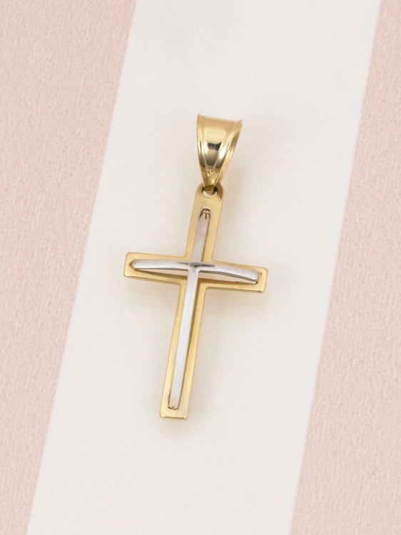 Złoty krzyżyk 585 z białym złotem delikatny i nowoczesny - widok z przodu