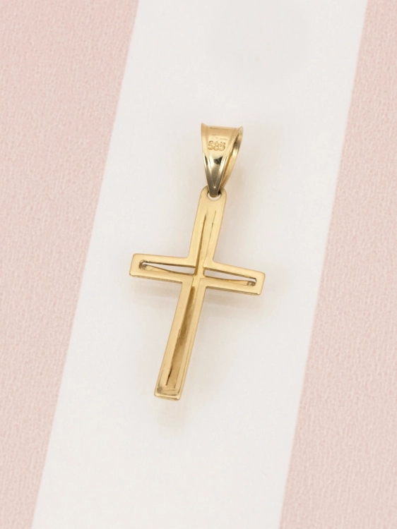 Złoty krzyżyk 585 z białym złotem delikatny i nowoczesny - widok z tyłu