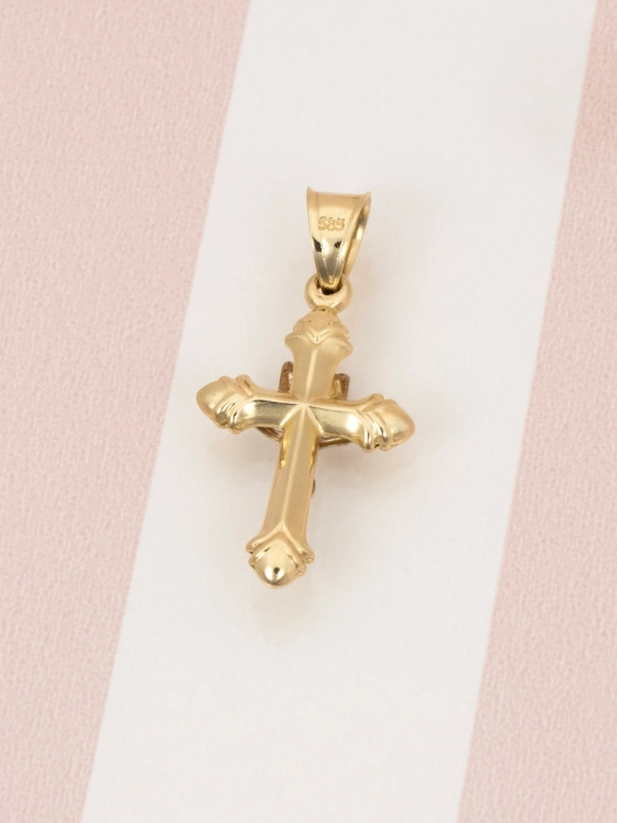 Złoty krzyżyk 585 z białym złotem pięknie zdobiony - widok z tyłu