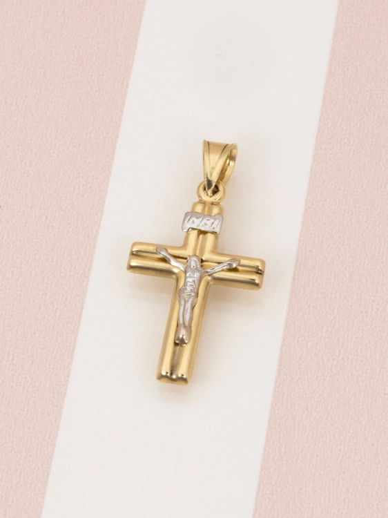 Złoty krzyżyk 585 z białym złotem solidny - widok z przodu