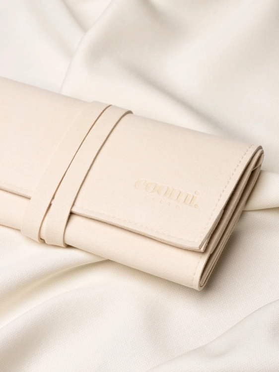 Zbliżenie na detal organizera podróżnego na biżuerię zapinanego na pasek z logo marki Coomi